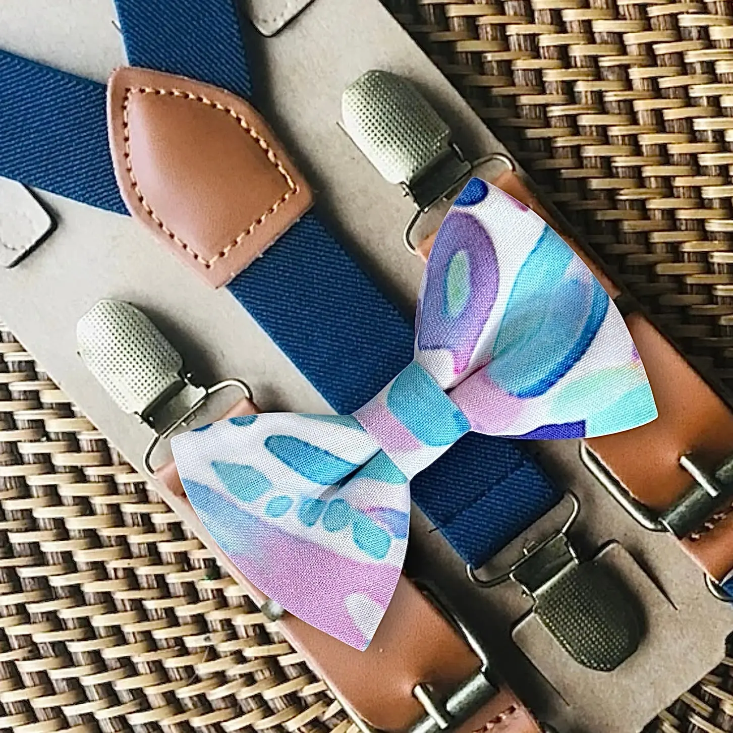 Watercolor Blue Bow Tie & Navy Blue Suspenders Set