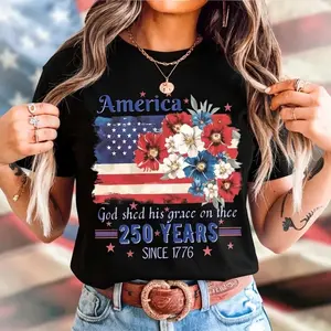 American 250th Anniversary Flag Floral Pattern T-shirt, Celebrating 250th Anniversary Patriot Gift Shirt - July 4th Patriot Gift USA - Cottagecore.