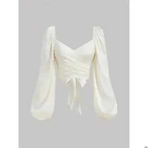 Summer / Ties Sleeve Lantern Ladies tiktok MOD Elegant Solid Color Wrap Shirt With Spring