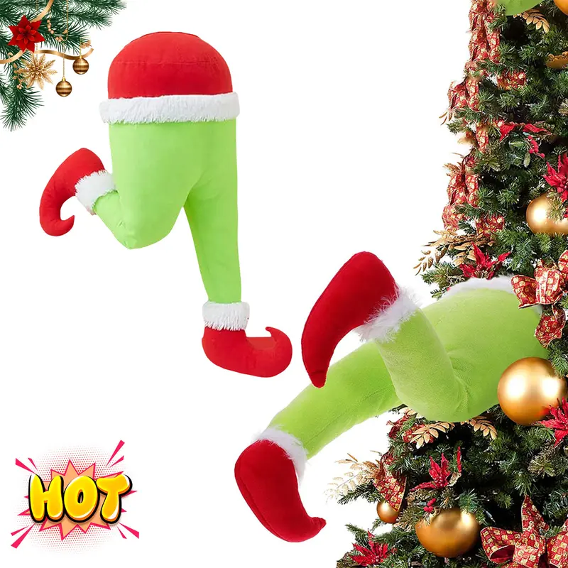 Christmas Elf Body Tree Decorations, Christmas Green Xmas Tree Topper, Pose-able Elf Stuffed Leg for Christmas Tree Hanging Oranemet