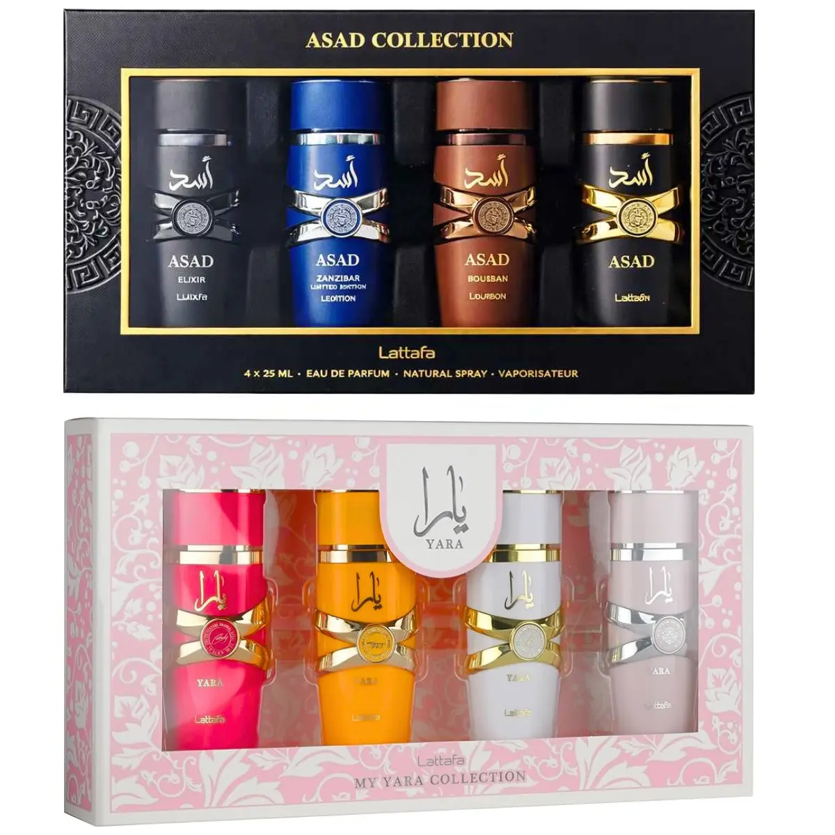 Lattafa Yara & Asad Collection Unisex EDP Spray Gift Set (8-Piece, 25ml x 8) - Aromatic Luxurious Scent, Long-Lasting, Fresh, Musk, Coconut Gourmand, Pocket-Size (Includes Yara Candy, Moi, Tous, Zanzibar, Bourbon)