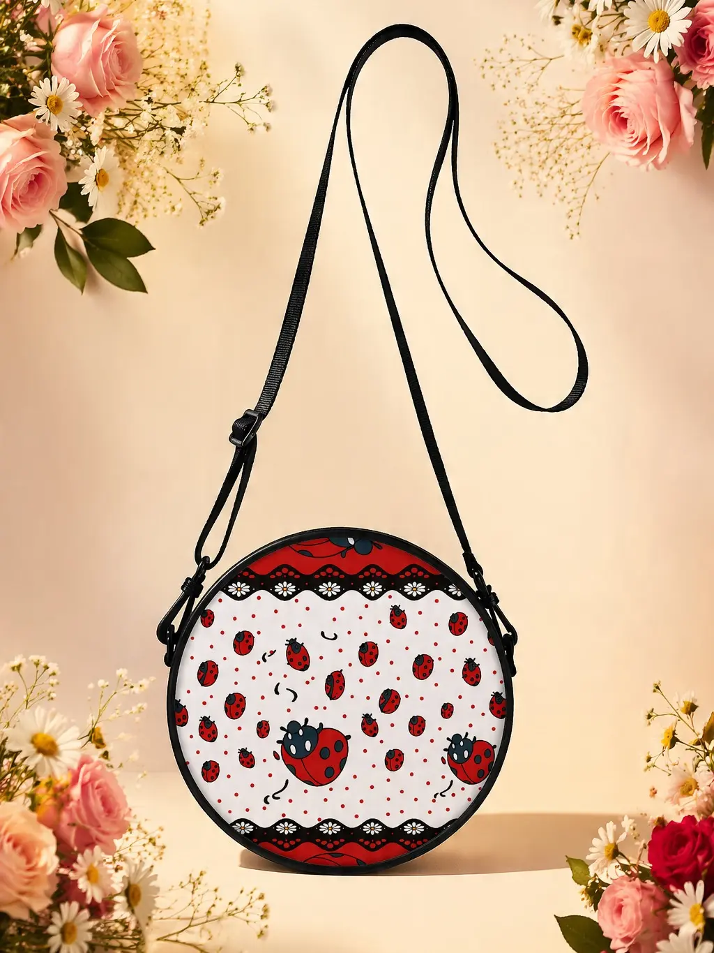 Ladybug Round Crossbody Bag | Kawaii Circle Purse |  Cute Insect Print Shoulder Bag for Women & Girls luxury house design chain cheap black cartoon outdoor travel unique little fashionable doll shop boutique to go