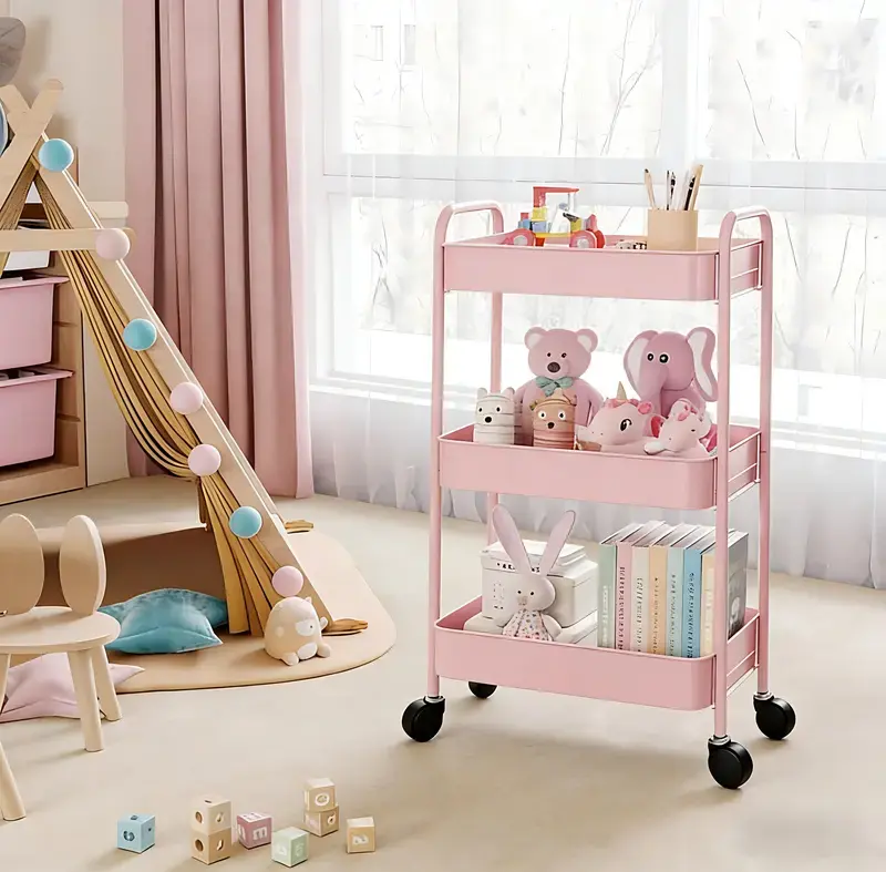 Pink 3-Tier Rolling Utility Cart, Multifunctional Plastic Storage Shelf with Wheels, Mobile Organizer Trolley for Kitchen, Bathroom, Bedroom, Office