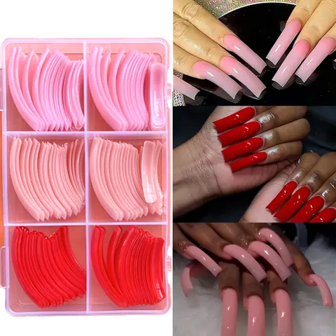 120Pcs Extra Long Press on Nails, Decorative Nails, Pink and Red Curved Fake Nails, 3 Color Nail Plates, Nail Art DIY, Reusable Full Cover Artificial Nail Extension for Women Manicure Suitable for Valentine's Day, Square Nails