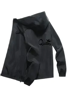 Men's Fashion Jacket with 'queen' Letter Print, Casual Hooded Design, Zip Pockets, Polyester, Spring & Fall, Men's Leisure Coat