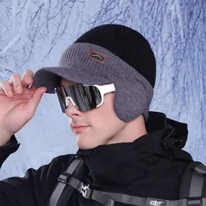 Mens Knit Winter Hat with Brim and Earflaps Warm Skull Cap Hunting Visor for Skiing Snowboarding Outdoor Activities Cold Weather Beanie