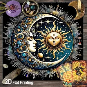 Bohemian Sun and Moon Tarot Card Tablecloth, Mandala Celestial Pattern Altar Tablecloths, Psy Readings Divination Witchcraft Oracle Cards Altar Cloths, Crystal Grid Meditation Table Cloths, Astrology, Halloween, Polyester