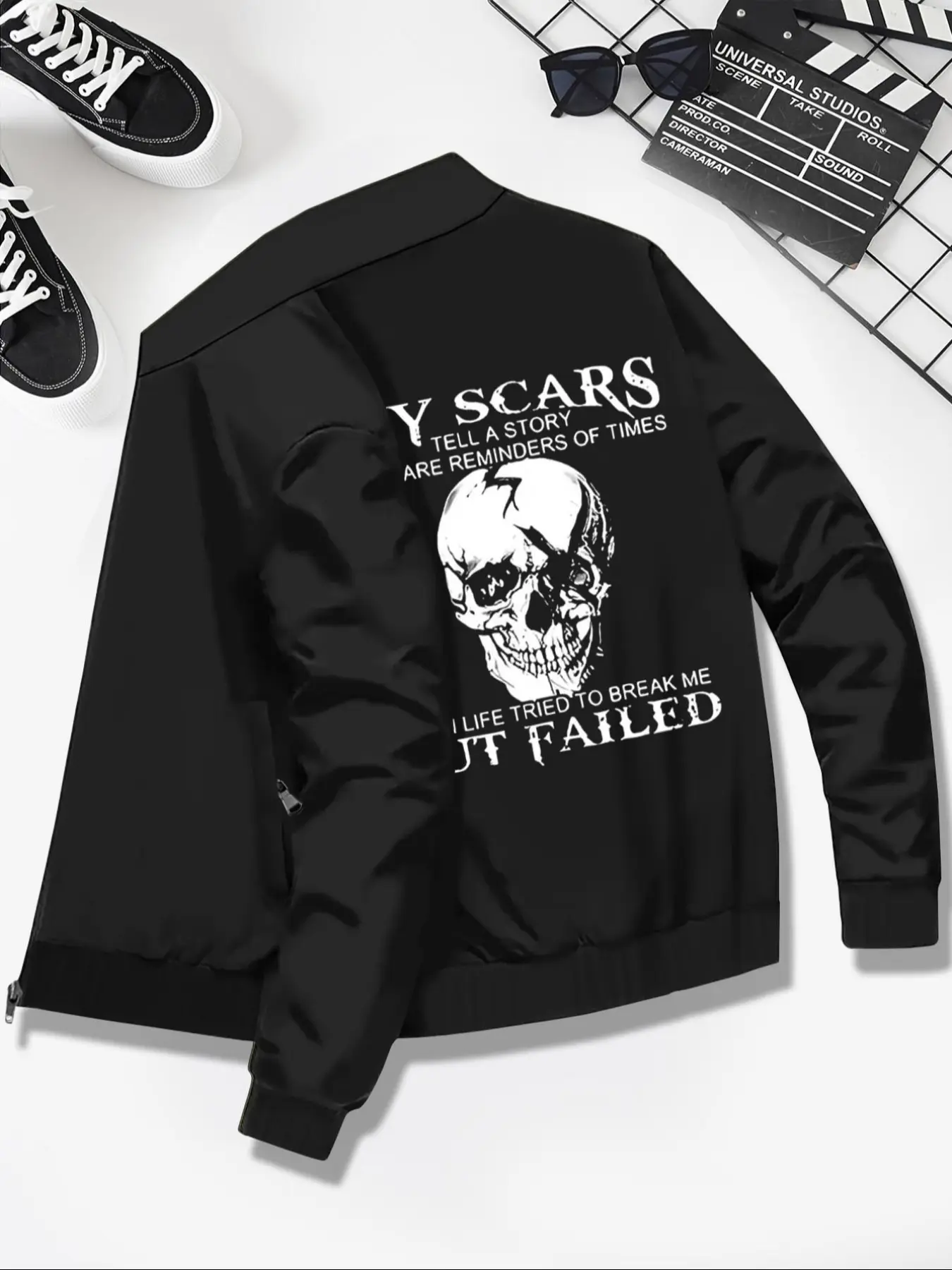 Men's Autumn Winter Casual Stand Collar Jacket, Skull Print Design, Zipper Pocket Closure, Business Style Outerwear