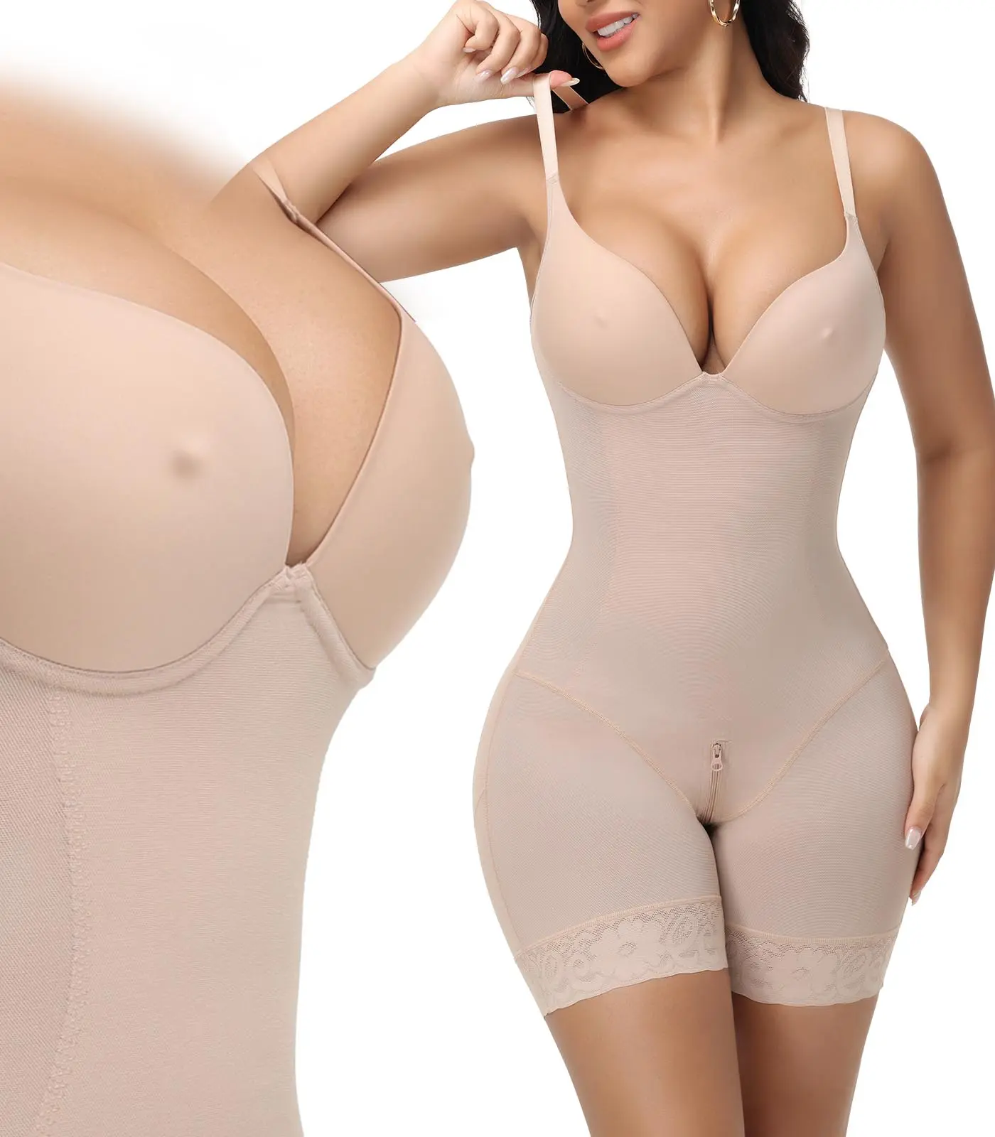 SHAPSHE Women's Seamless Bodysuit - Mid-Thigh Full  Shaper with Built-in Plunge Bra, Spandex-Nylon Fabric, Chic, Slim, Breathable Compression Design, Adjustable Bust Support for Women, Summer Outdoor Use,summerwins