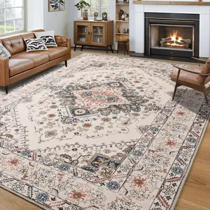 9x11 Feet Beige Machine Washable Vintage Area Rug Non-Slip Low Pile Large Rug For Living Room, Bedroom, Farmhouse, Dining Room, 5x8, 7x10 Feet
