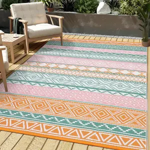 Outdoor Rug, Waterproof Reversible Plastic Straw Rug for Patio, RV, Camping, Bohemian Black & White Large Area Rug, Easy Clean Woven Floor Mat for Deck, Picnic & Beach