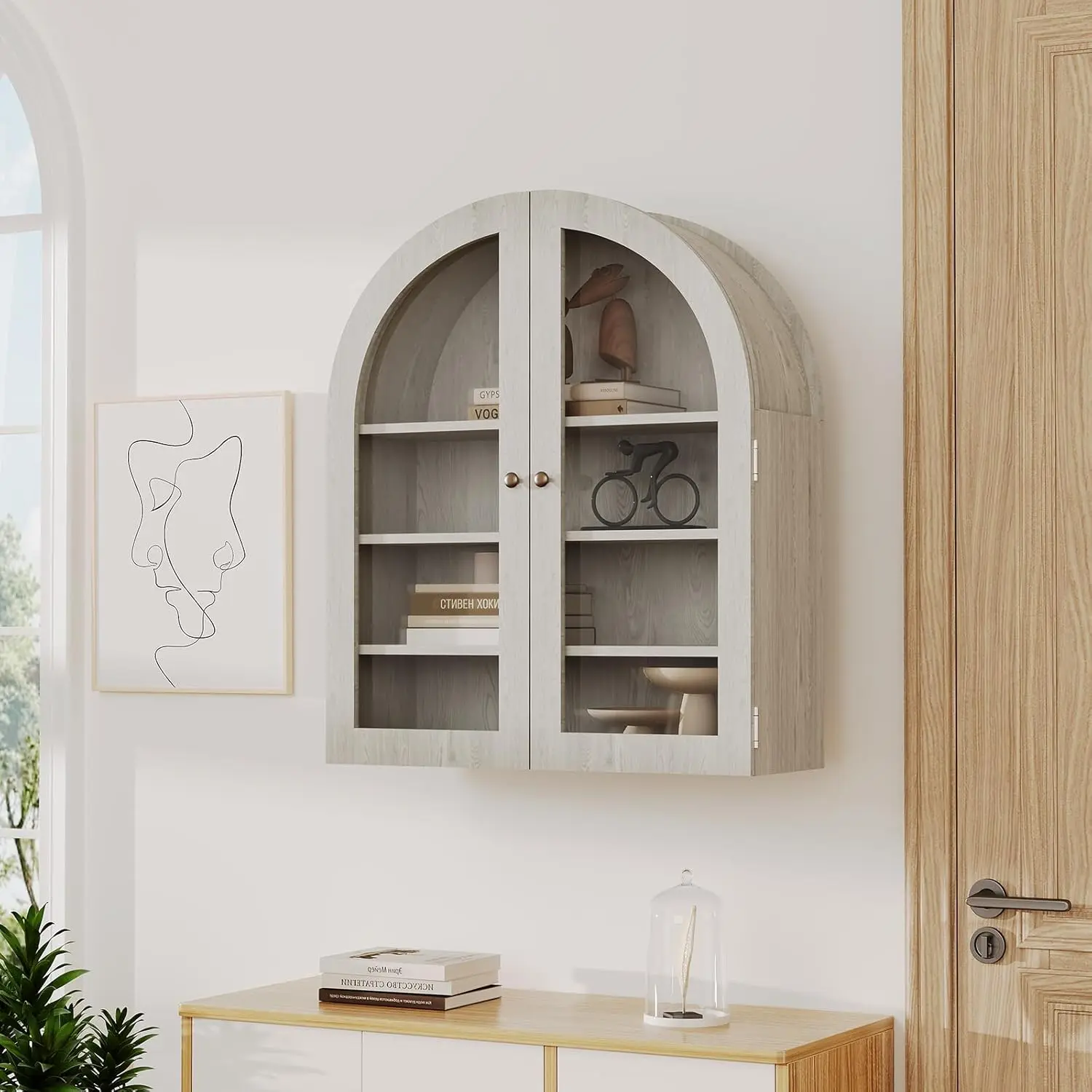 Small Wall-Mounted Cabinet, Arched Bathroom Medicine Cabinet with Acrylic Doors & Adjustable Shelves, Wood Kitchen Organizer for Small Spaces, Apartments