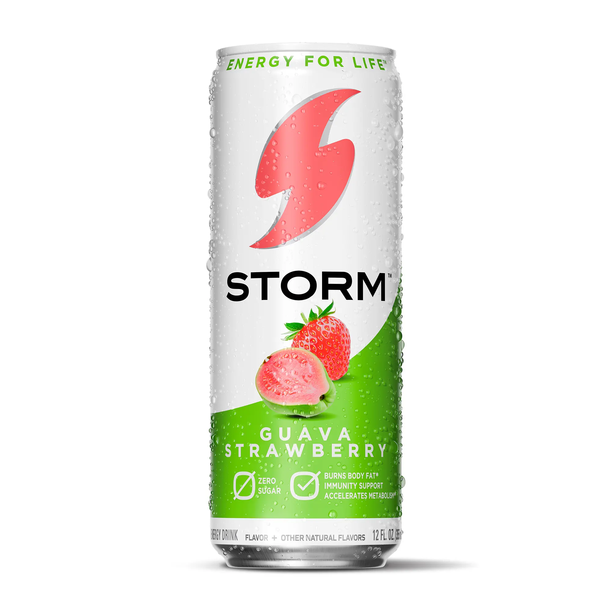 STORM Natural Guava Strawberry Sugar-Free Energy Drink, 12oz Cans for Adults - Low-Calorie, Vitamin C-Infused Immune Support Fitness Beverage