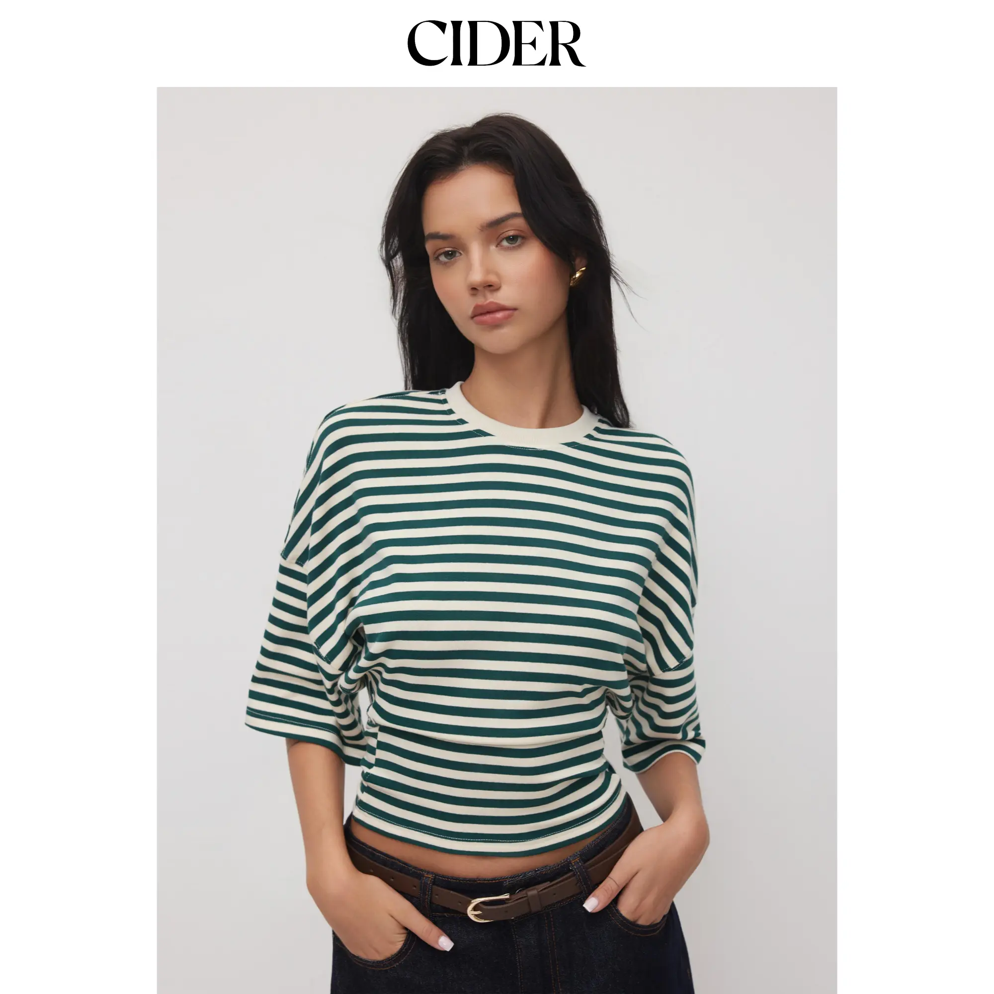 Cider Cotton-blend Stripe Round Neckline Mid-length Sleeve Cinched Waist Tee