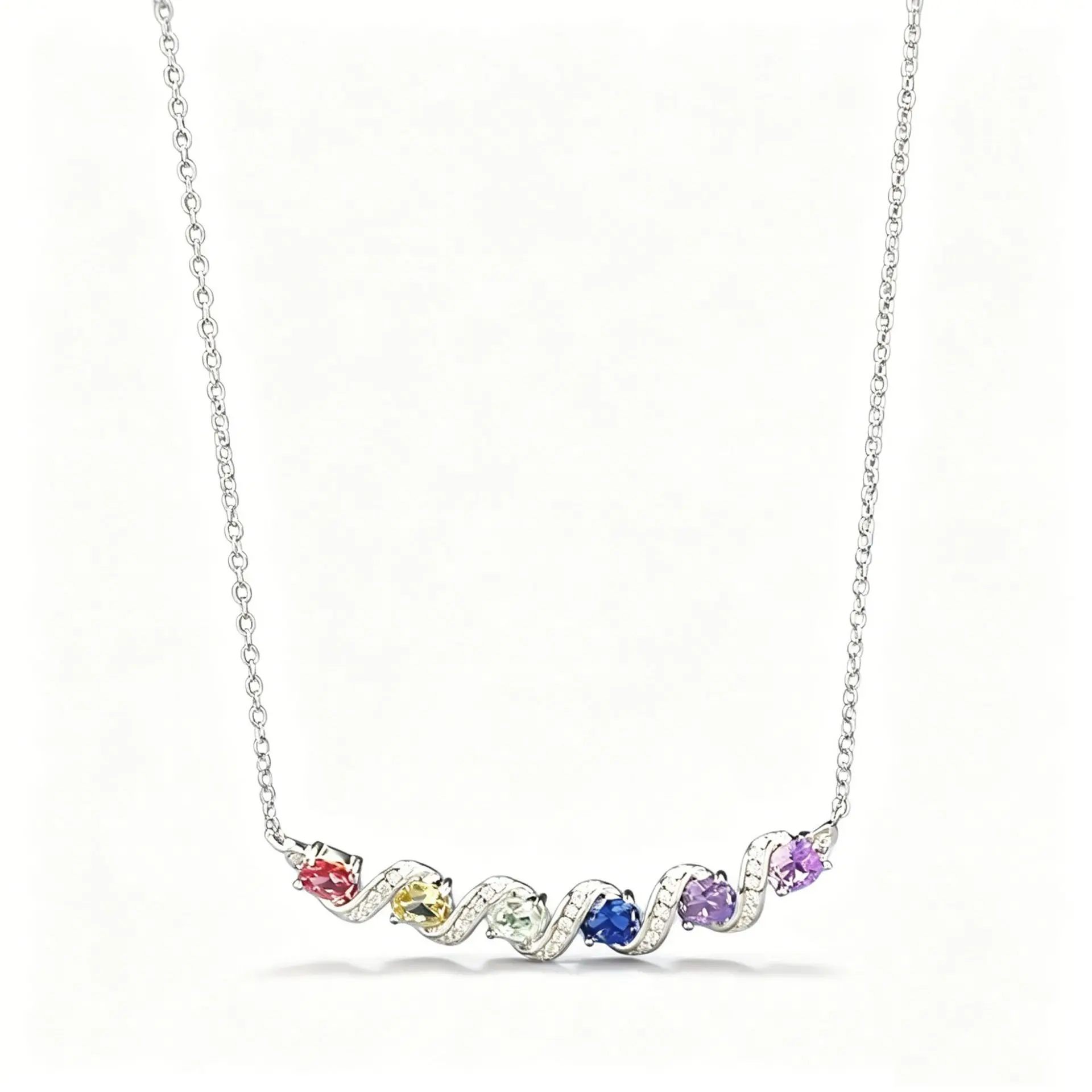 【1036】Dainty Rainbow Synthetic Gemstone Necklace for Women | S925 Silver Twisted Bar Pendant, 3*4mm Oval Colorful Gems, Ideal for Date Night & Birthday Gift