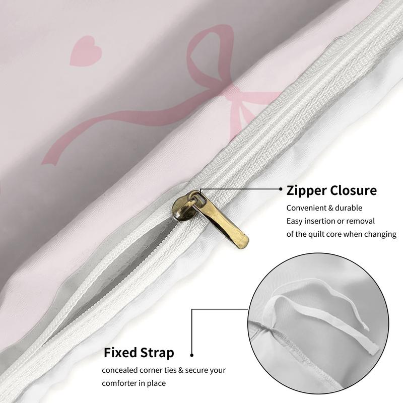 Pink Bow Print Bedding Set, Fashion A-Z Letter Print Design, Includes 1 Duvet Cover and 1/2 Pillowcase, No filling/Zipper Closure, Perfect Creative Bedroom Decoration Kit for Girls, Full Size, Bedsheet Sets
