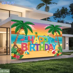 2D Flat Banner 1pc, Party Banners Tropical Beach Happy Birthday Backdrop with Flamingos And Palm Trees Polyester Backdrop Event Decoration Home Room Farm Garden Graduation Photography Courtyard Live Streaming Wedding Cl