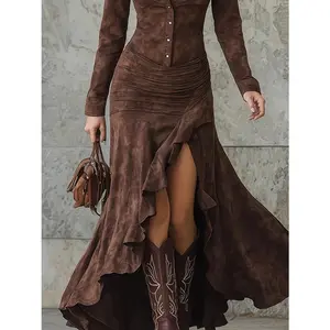 Women's Autumn Long Dress with Shirt Collar Asymmetric Ruffled Hem Plain Pattern Long Sleeve Minimalist Formal Summer Basic Fabric Casual Outfit - Womenswear, Deep Brown