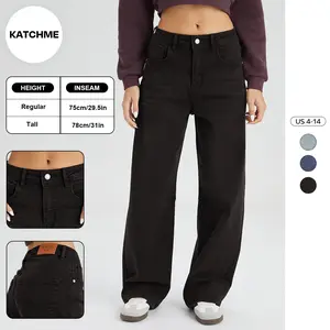 KatchMe Women's Vintage Chic Mid-Rise Denim Dart Seam Wide Leg Jeans, Versatile Multi-Pocket Trousers, Minimalist Women's Bottom, Street Womenswear