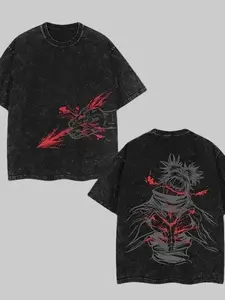 [BT] Men's Choso Graphic Short Sleeve T-Shirt, Jujutsu Kaisen 2-Sided Print, Oversized Vintage Washed Cotton Streetwear with Ribbed Round Neck