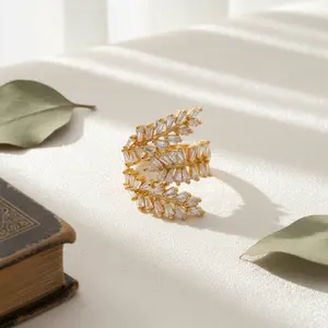 Golden Radiance Leaf Wrap Ring – Micro Pavé Zircon Statement Piece