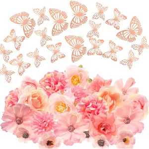 32 Pcs DIY Graduation Cap Decorations Accessory Kit Include Faux Flower Heads 3D Butterfly Grad Cap Decorations(Pink Tone)