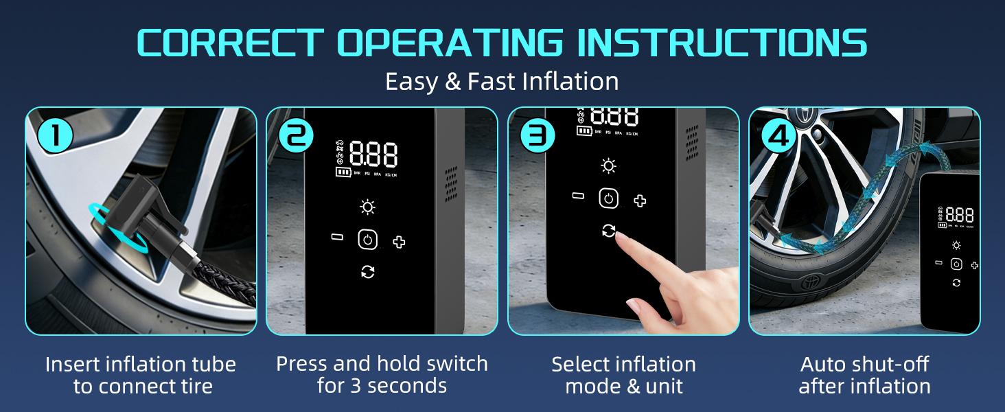 Portable Tire Inflator, 150 PSI Air Compressor, Digital Dual Display, LED Light for Night Use, Suitable for Cars, Motorcycles, Bikes and Balls