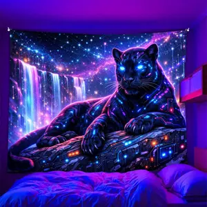 2d Flat, Cyberpunk Panther Galaxy Scene Glow-in-the-dark Blacklight Tapestry, Room Decor Wall Hanging for Bedroom, Living Room, Office. Also Lndoor and Outdoor Holiday Door Flag for Porch, Garden. Computer Room Decor, Festive and Party Decor
