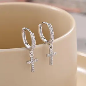 Micro-Paved Cross Earrings Gold-Plated/Silver Minimalist Hoop Earrings Daily Versatile Fashion Jewelry