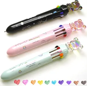 YEEMO 3-Pack Multi Color Pens All in One, 0.7 mm 10-in-1 Multicolor Ballpoint Pens with Crystal Bear Toppers, Transparent Pouch, Ideal for Students, Office & Creative Gifts