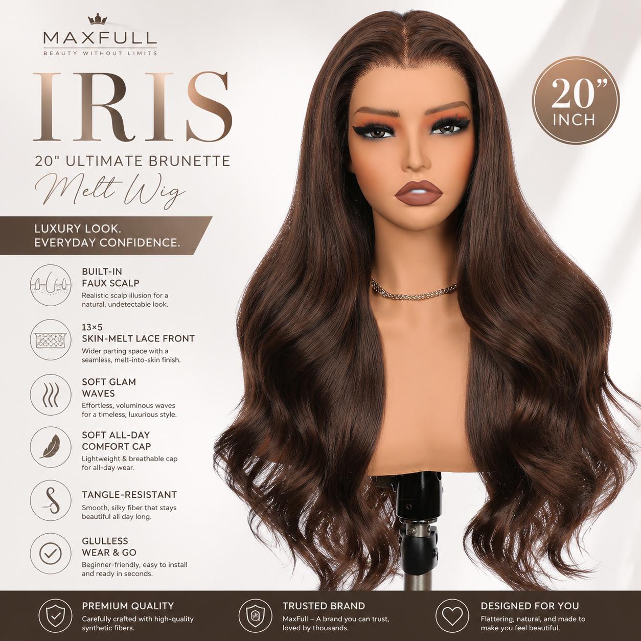 Iris - MaxFull Dimensional Espresso Mocha Wig | Ultimate Brunette Melt Wavy, 20 inches, 13×5 Skin-Melt Transparent Lace Front, Free Part, Built-In Faux Scalp, Natural Looking Wig