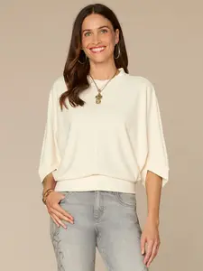 Three Quarter Sleeve Surplus Crew Neck Banded Hem Petite Knit Top