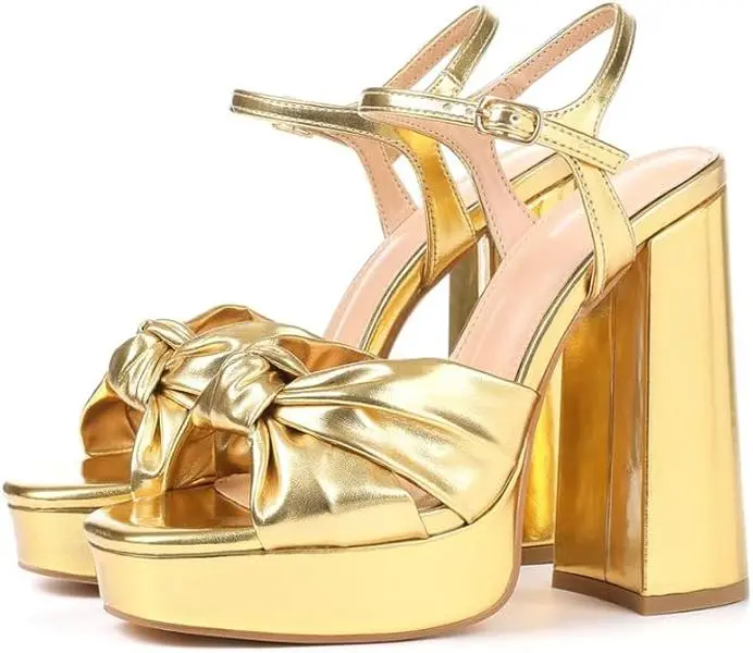 EROCALLI Women's Bow Decor Heeled Sandals - PU Leather, Chunky Gold Block Heel, Open Square Toe, Adjustable Ankle Strap Footwear for Wedding, Party, Shoe, Rubber, Cute, Korean, Formal, Party Wear, Casual, Chunky Block, Korean Cute, Heels For Women, Comfor