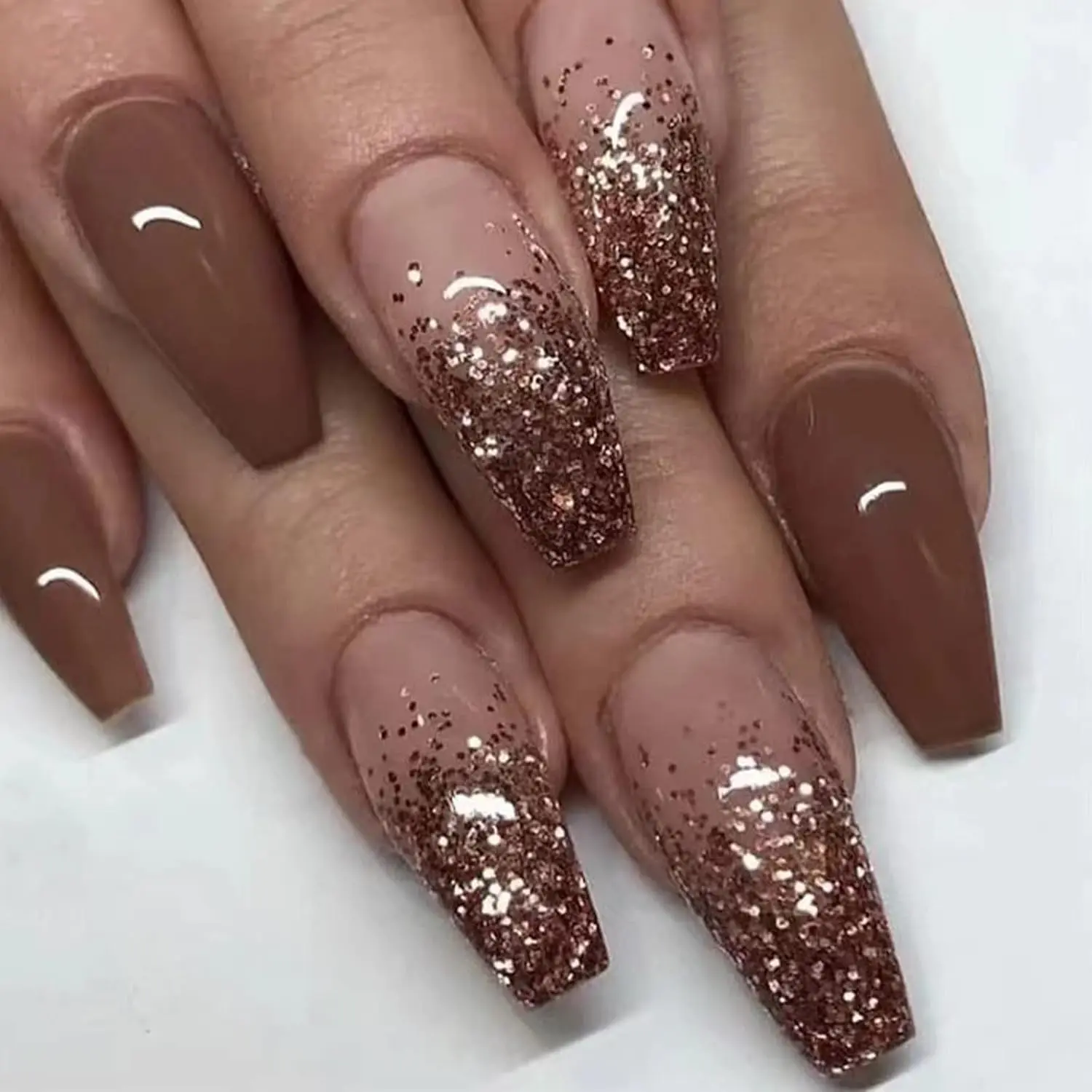 SINHOT Coffin Press on Nails Medium Ballerina Fake Nails Glossy Glue on Nails Brown Gradient Acrylic Nails with Brown Glitter False Nails Designs 24 Pcs SINHOT
