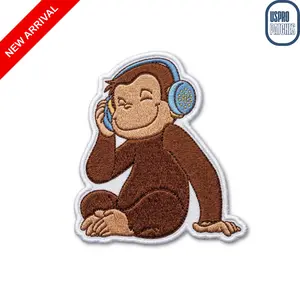 Curious Monkey Listening to Music Headphones Embroidered Patch, Cute Cartoon Animal Iron On Applique for Kids Clothes & Backpacks