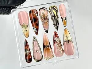 Gold Accent Tortoise Shell Press On Nails  3D Floral Leopard Nail Art