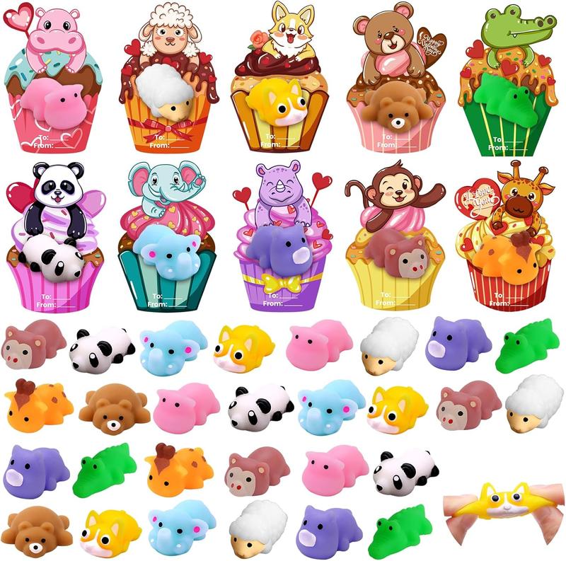 30 Pack Valentine’s Day Mochi Squishies with Cards for Kids – Mini Animal Squishy Stress Relief Toys, Valentine Party Favors for Classroom Exchange & School Gifts