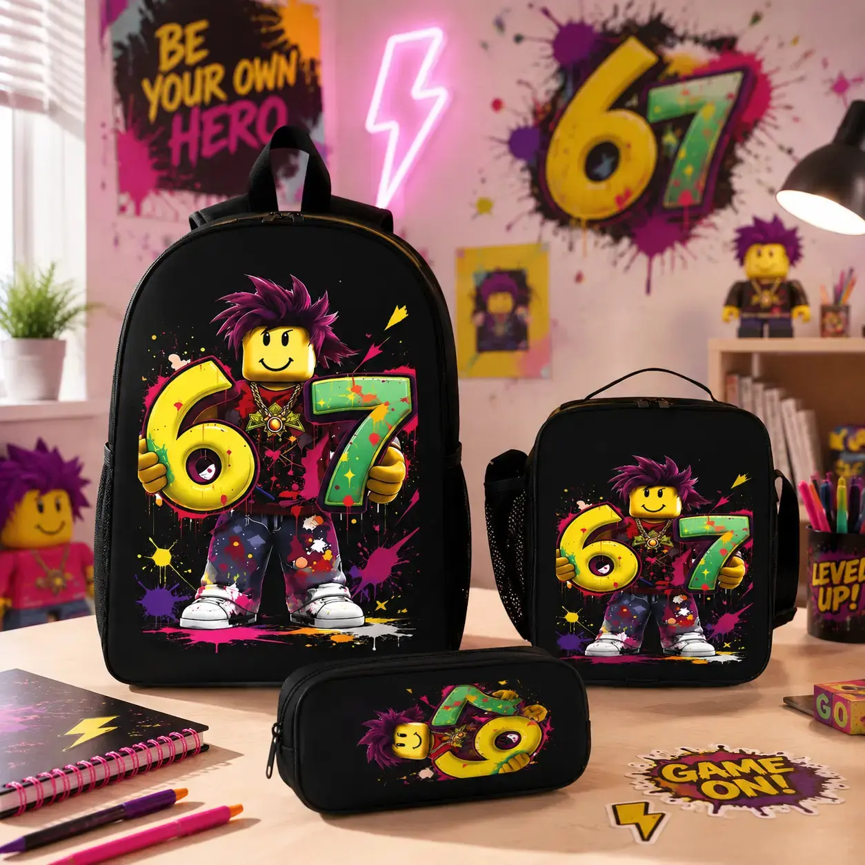 Roblox Style 67 Graffiti 3 Piece Backpack Set Street Art Print School Bag Lunch Bag Pencil Case Daypack Gamers Gaming Backpack Roblox Inspired Storage bag