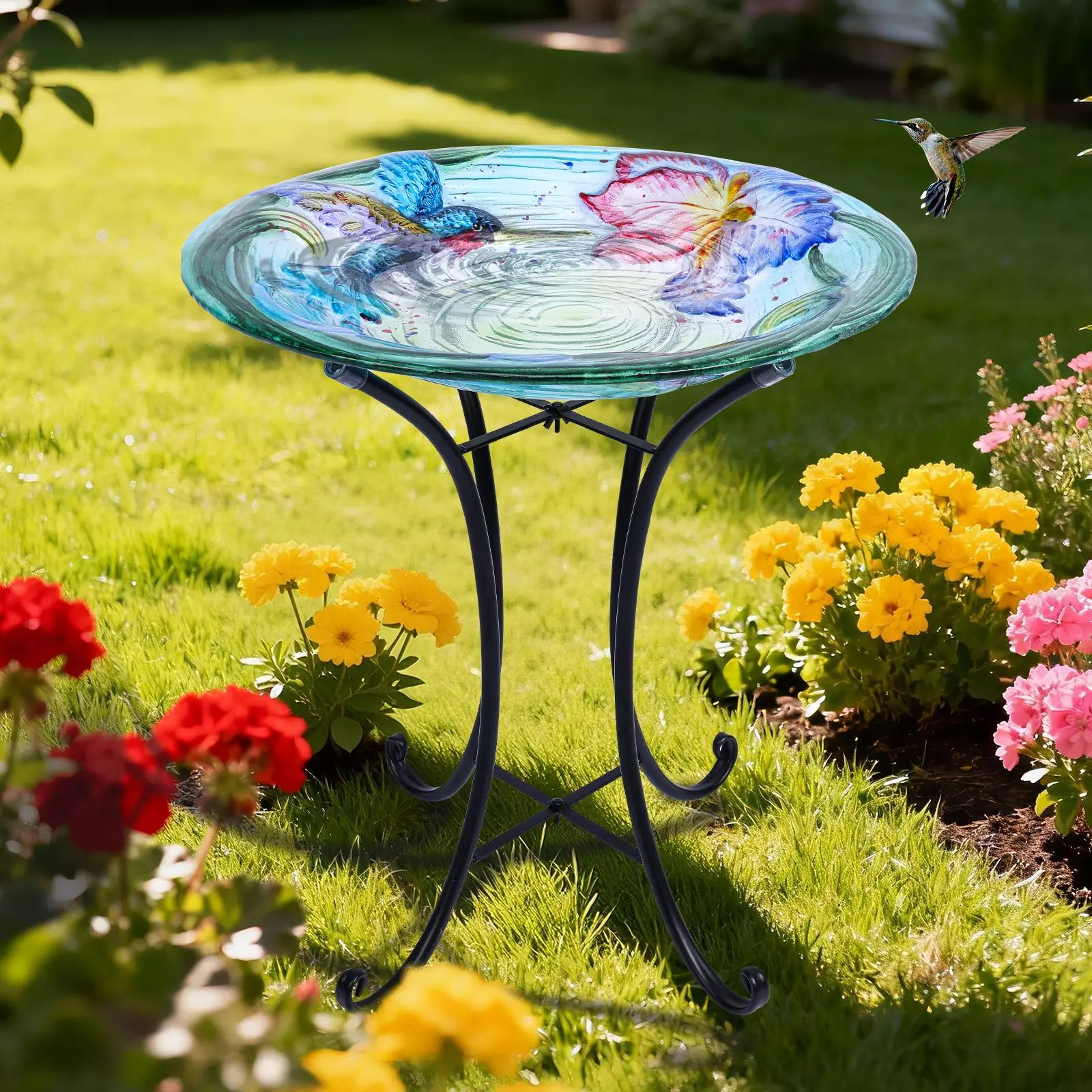 Bird Bath-Outdoor Glass Birdbath - Bird Baths for Outdoors Hummingbird with Metal Stand for Garden Lawn Yard Decor, Glass Base, Led Glow