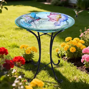 Bird Bath-Outdoor Glass Birdbath - Bird Baths for Outdoors Hummingbird with Metal Stand for Garden Lawn Yard Decor