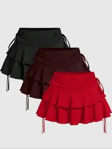 Women's Solid ＆ Floral Print Ruffle Trim Skirt, Casual Fashion Short Skirt for Daily Wear, Ladies Summer Bottoms