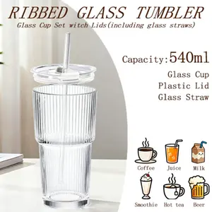 2ps/4ps Large Capacity Straw Cup Set, Vertical Stripe Design Coffee Mug, Drink & Juice Glassware, High Aesthetic Home Use, Women's Tea Latte Cups