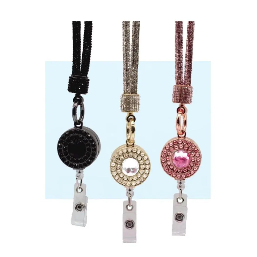 Reel Rhinestone Lanyard - Black Rhinestone Accent with Retractable Reel for Easy Use