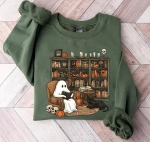 Retro Ghost Reading Books Sweatshirt, Librarian Ghost Halloween Sweater, Halloween Teacher Sweatshirt, Ghost Halloween