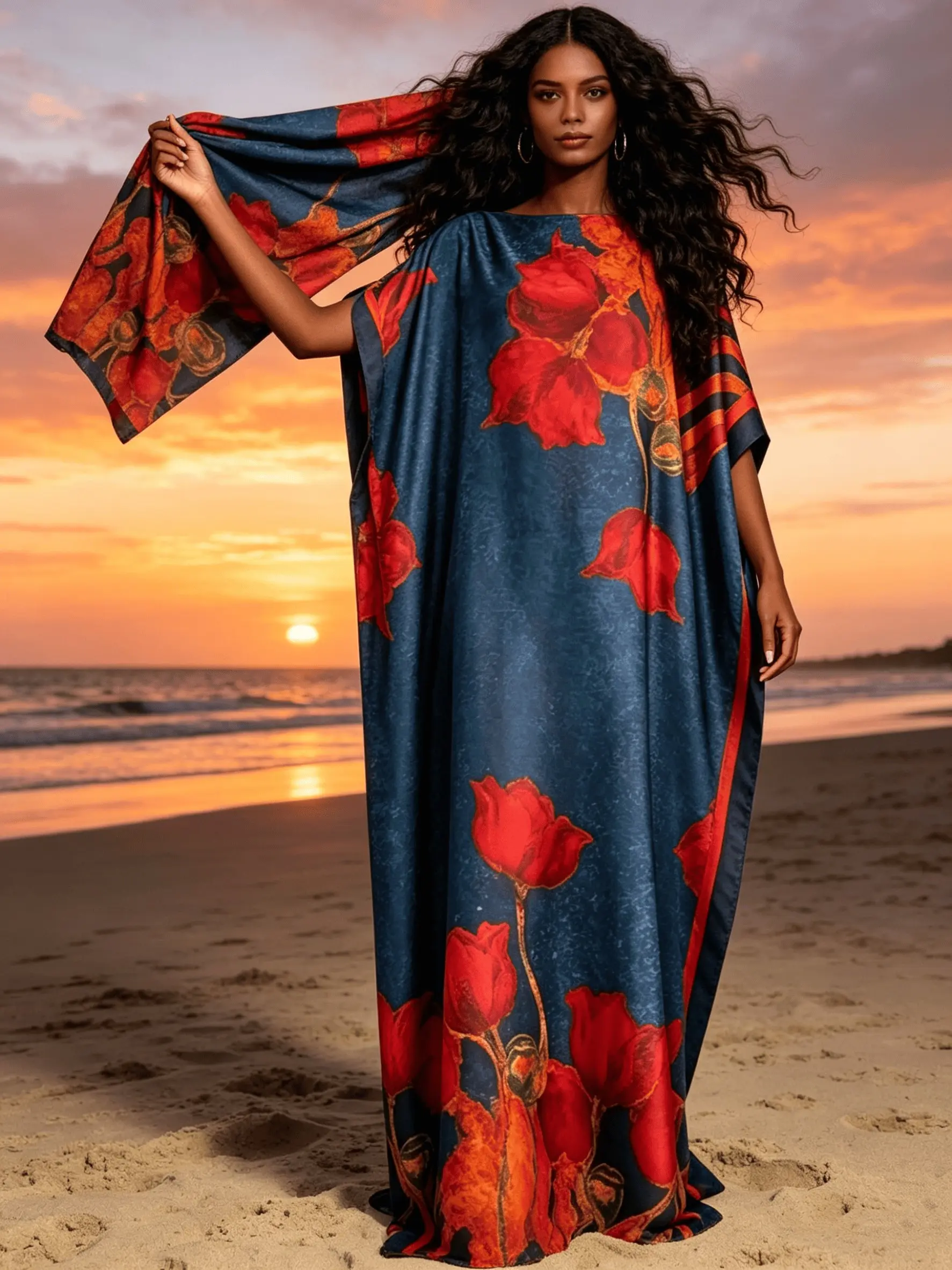 1dress+1scarf Navy Blue Poppy Floral Print Satin Kaftan Dress for Women, Modest Clothes, Plus Size Muslim Abaya with Matching Headscarf, Loose Batwing Sleeve Maxi Caftan, Modest Beach Cover Up, Islamic Robe for Vacation, Eid & Casual Loungewear