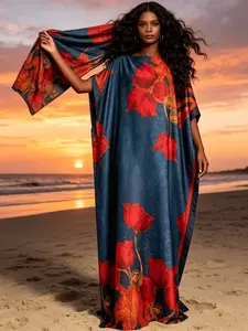 1dress+1scarf Navy Blue Red Poppy Floral Print Satin Kaftan Dress for Women, Plus Size Muslim Abaya with Matching Headscarf, Loose Batwing Sleeve Maxi Caftan, Modest Beach Cover Up, Dubai Style Islamic Robe for Vacation, Eid & Casual Loungewear
