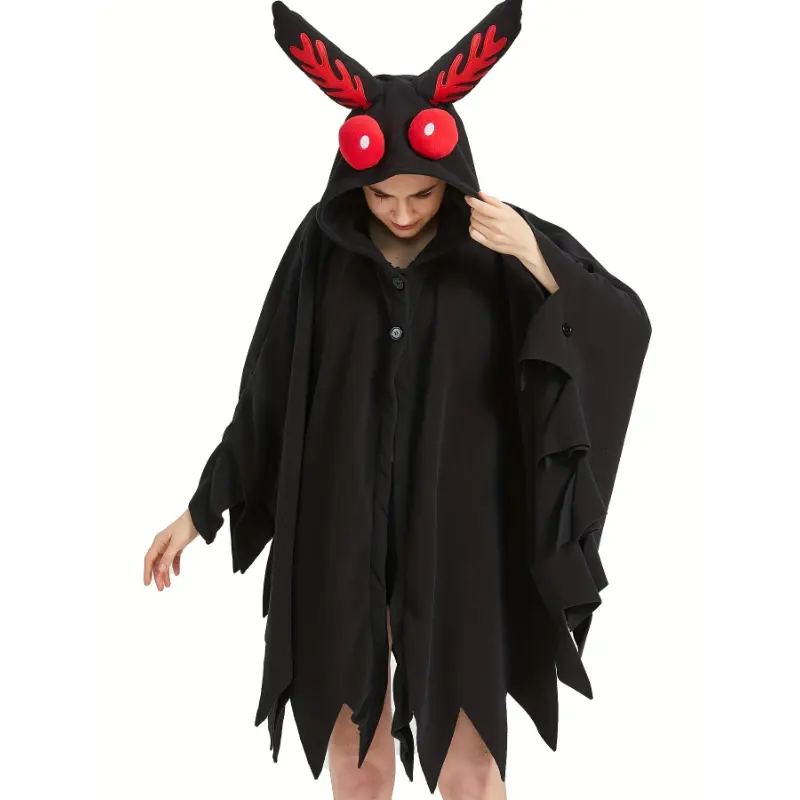 Unisex Mothman Hooded Night Dress Costume - Soft Fleece, Mid-Elastic, Button Details, Solid Color, All-Season, Party Style - Perfect for Cosplay, Christmas, and Themed Events