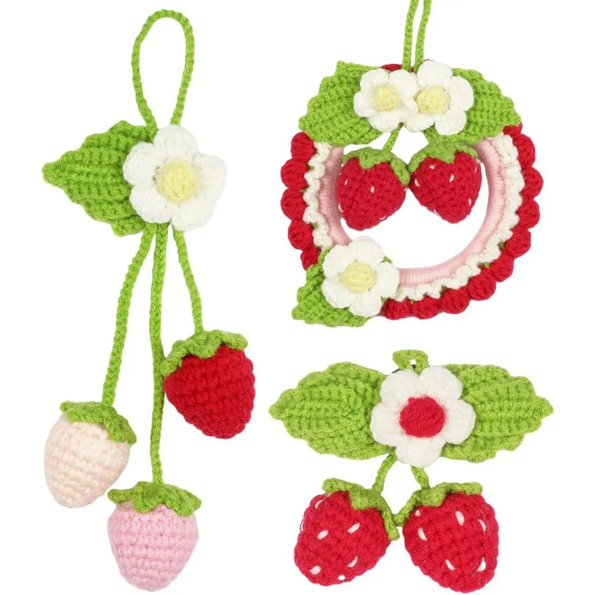 Crochet Kit for Beginners,Crochet Strawberry Ornaments,Plant Hanging Decorations with Step-by-Step Video Tutorials, 3 Pack Strawberry Decor | Plant Hanging Decorations, Step-by-Step Video Tutorials