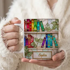 Personalized Stained Glass Bookshelf Ceramic Mug – Custom Book Lover Gift
