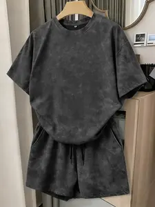 Ladies' Washed Gray Tie Dye Lounge Set Loungewear - Short Sleeve T-Shirt And High Waist Shorts Outfit For Vacation Leisure Womenswear